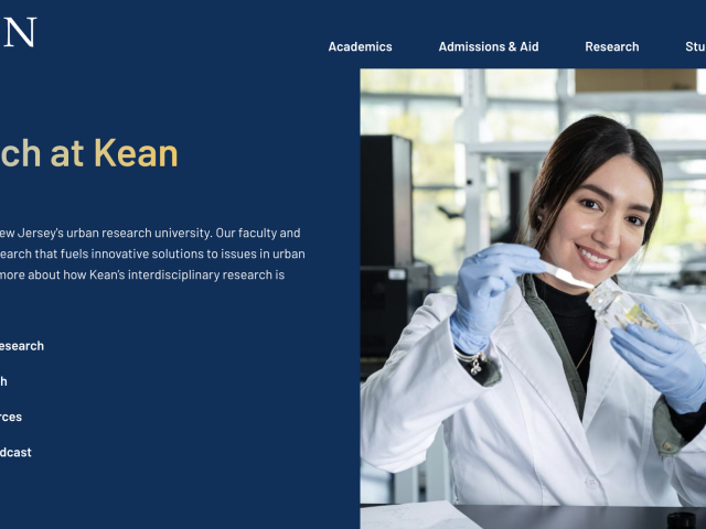 A screenshot of the Research at Kean webpage, with an image of a female student in a lab
