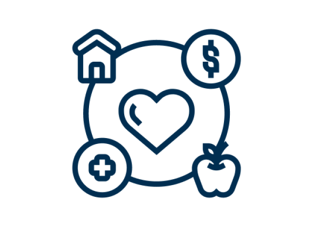A circle surrounding a heart that connects symbols for housing, health, nutrition and finance.