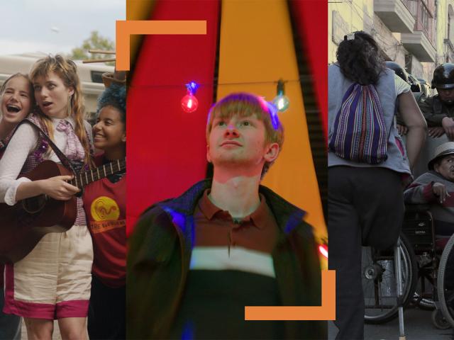 A collage of three scenes captures diverse stories: a group of six young people posing together for a selfie; a solitary individual standing under bright lights; and a group of people with disabilities in an interaction with law enforcement. 