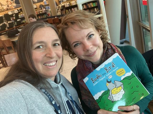 Children's book author Charlene Higgs, on right holding book, with Kean lecturer Amanda Rodrigues