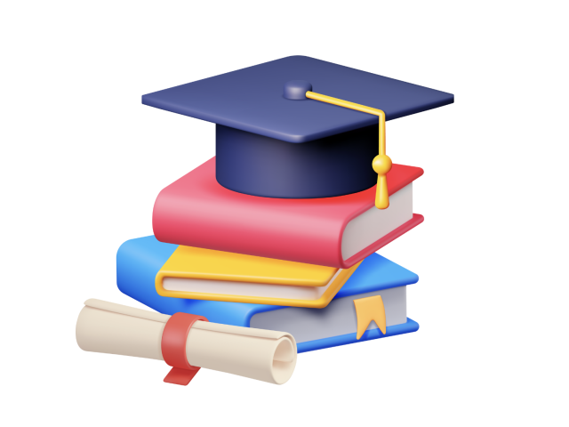 Graduation cap and books picture with a diploma
