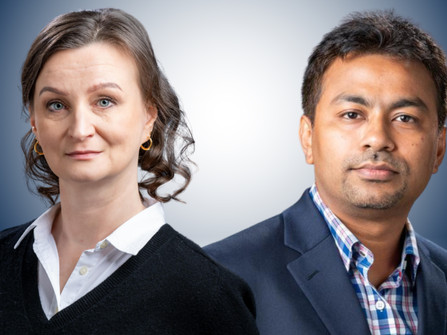 Side by side headshots of a white female with short hair, white collared shirt and black sweater; brown male with checkered shirt and gray jacket.