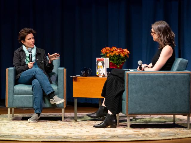 Kara Swisher on stage with Kate Gallagher