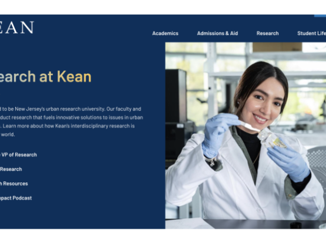 A screenshot of the Research at Kean webpage, with an image of a female student in a lab