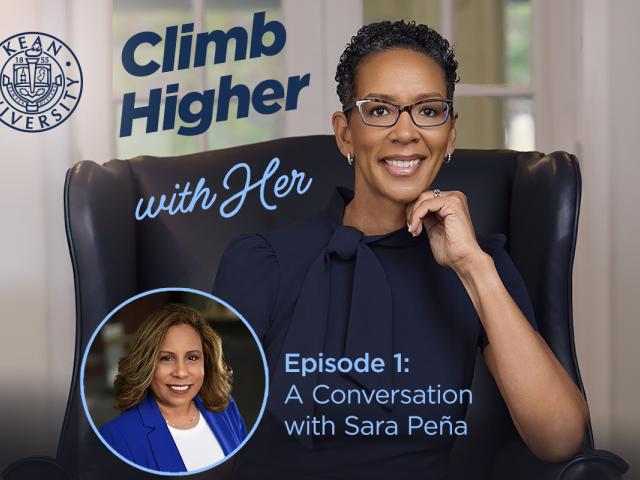 Kean First Lady Darlene Repollet sitting on the chair and on the bottom corner on the image has another image of Sara Peña in a bubble.