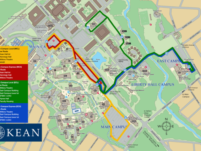 A map of Kean University's campus trolley service
