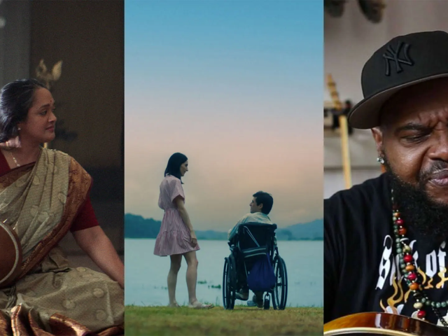 Three panels with film stills; an Indian woman in traditional garb holding an instrument; a male wheelchair user and a woman on the shore; a Black male in a black hat and shirt wearing chains