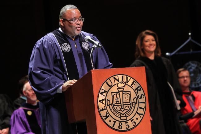 Lamont Repollet, Ed.D. pictured at Kean commencement with Norah O'Donnell