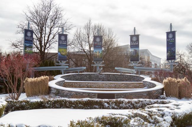 Kean's fountain covered in snow