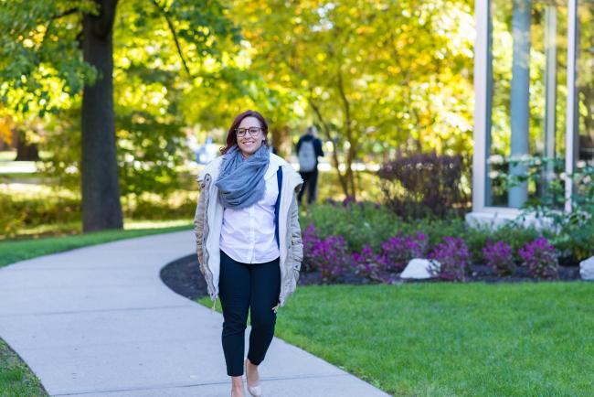 Kean student strolls Cougar Walk in the Fall