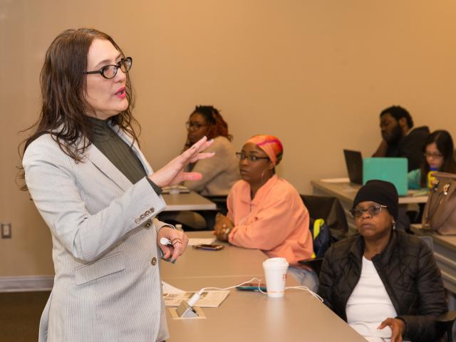 Professor Julia Nevarez instructs a sociology class