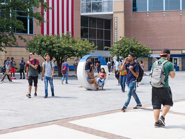 Miron Student Center patio with students