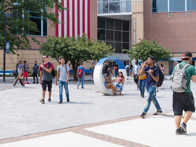 Miron Student Center patio with students