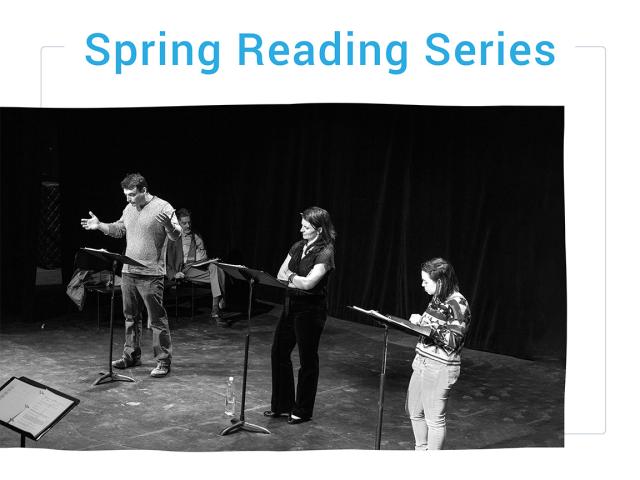Two woman and one man standing on stage reading off of music stands