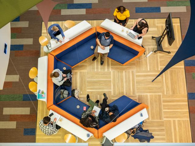 Students study in a lounge area
