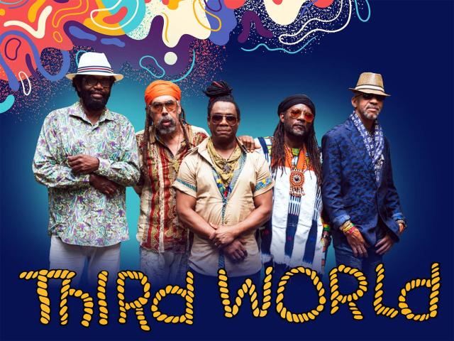 Third World band made of five males with a blue background and their logo at the bottom