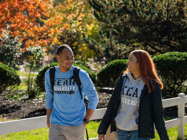 Kean students stroll along Cougar Walk on a beautiful fall day 