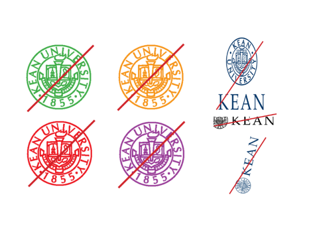 A graphic demonstrating incorrect Kean logo usage. Stretched and distorted logos and Kean logos in green, orange, red and purple.