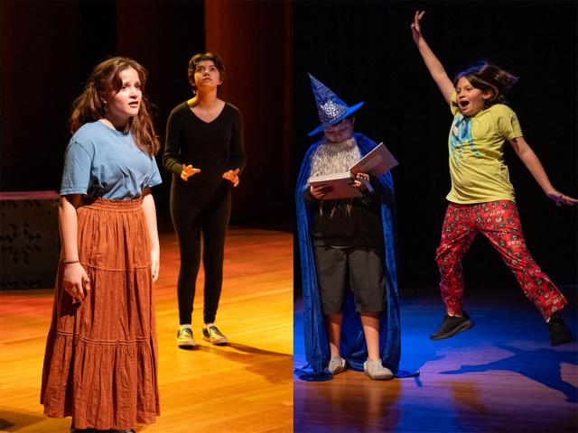 Young performers are engaged in a dynamic theatre production, showcasing acting talent with a mix of dramatic and lively scenes. The stage is set with warm lighting, costumes ranging from casual to fantastical, and vivid expressions as the actors deliver their roles, highlighting creativity and theatrical learning.