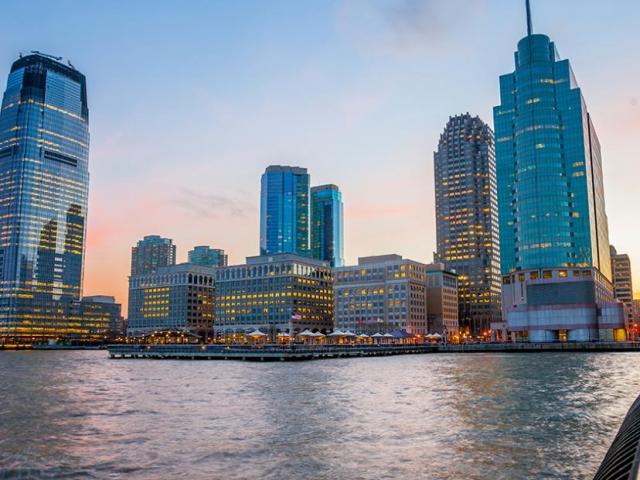 The Jersey City Skyline view from Kean's Harborside building