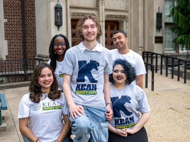 A group of Kean Jersey City students in college gear