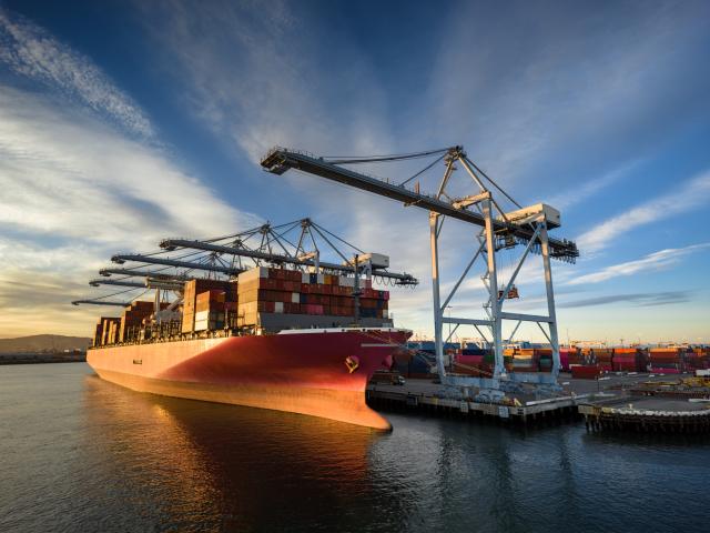 A cargo ship docked in a New Jersey harbor