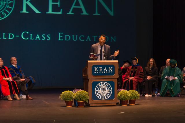 Poet Terrance Hayes speaks at Kean University's College of Liberal Arts Convocation.