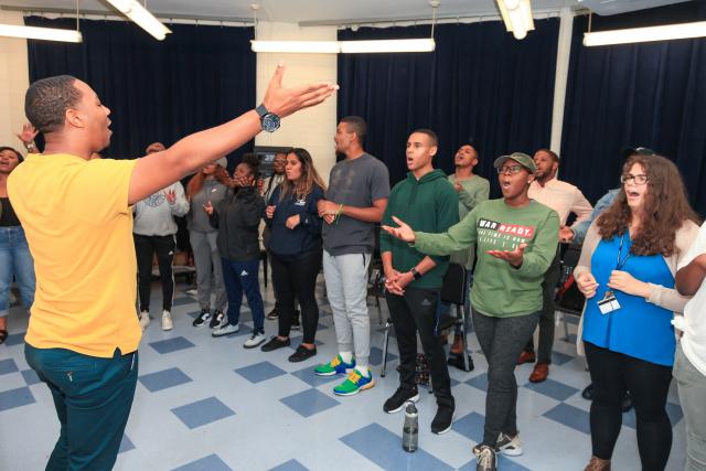 Kean Gospel Choir Director Malcolm Evans rehearses the group for an upcoming concert.