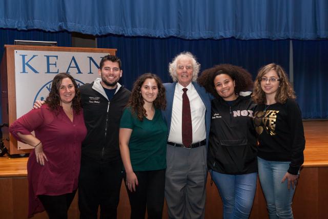 Holocaust survivor Albert Hepner and Kean students in Hillel.