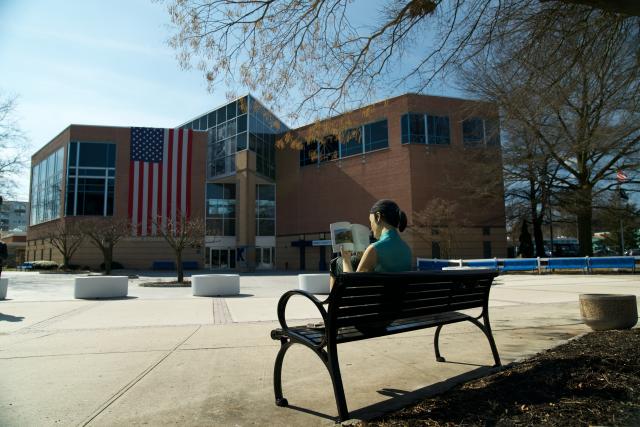 A pensive sculpture overlooks the heart of Kean Campus, donated by Seward Johnson Atelier