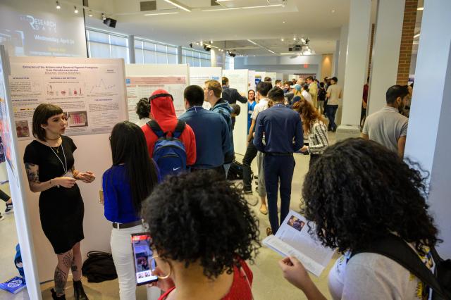 Multiple students show their research work as others walk by to look and listen. 