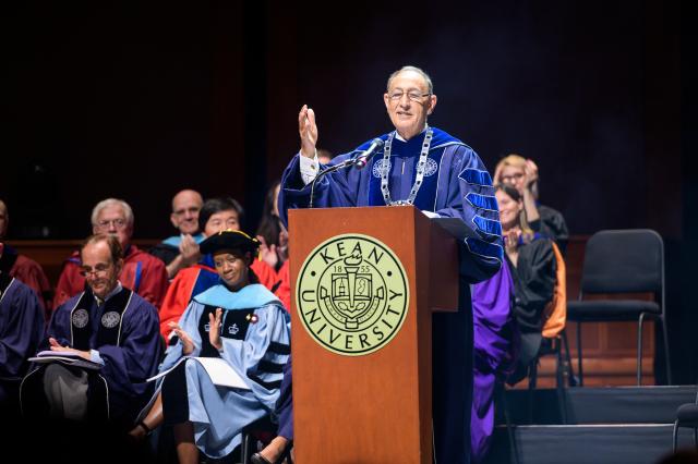 Kean President Dawood Farahi addresses the graduates and the families.