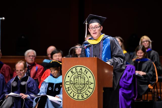 Student Council President Robert Schiele speaks at the Nathan Weiss Graduate Commencement.