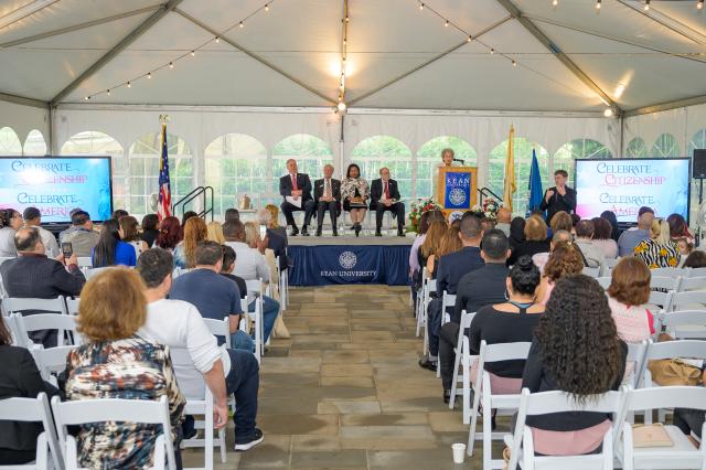 Kean University Board of Trustees Chair Ada Morell speaks at the Liberty Hall naturalization ceremony.