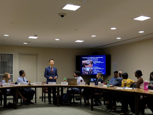 Kean assistant professor Bok Jeong,Ph.D., addresses a meeting of students and UN Staff at the UN