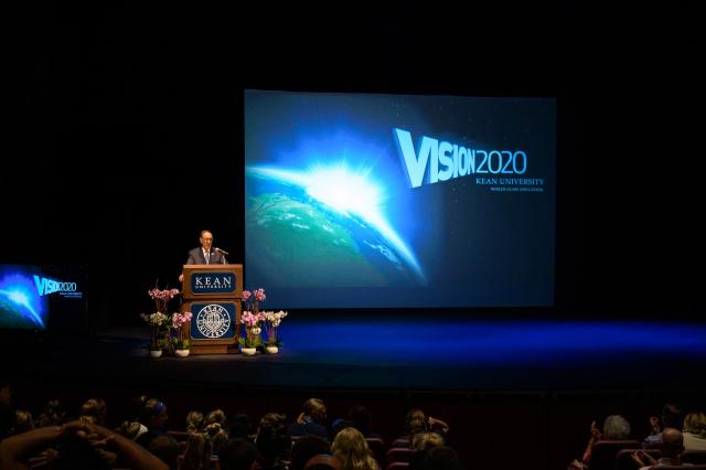 Kean President Dawood Farahi, Ph.D., at the podium at the 2019 Opening Day Address.