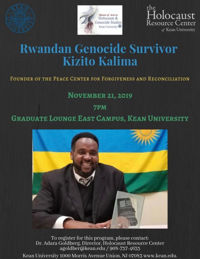 Rwandan Genocide Survivor Kizito Kalima will speak about his experience on November 21st at 7pm.