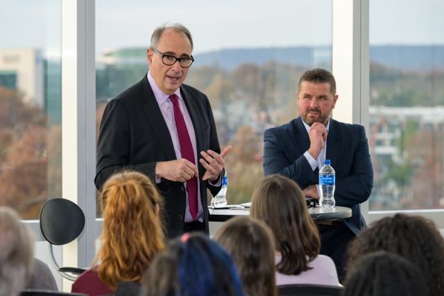 David Axelrod met with students at Kean. With him is Kean AD Matt Caruso