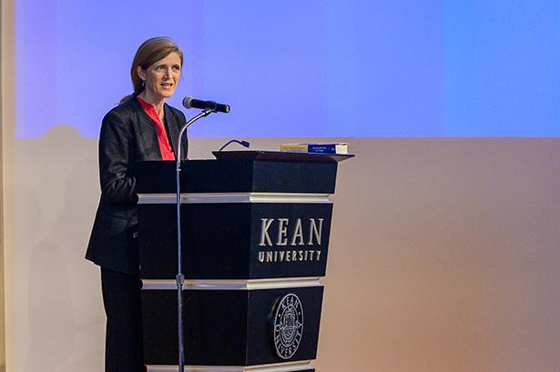 Former U.N. Ambassador Samantha Power speaks at a Kean podium
