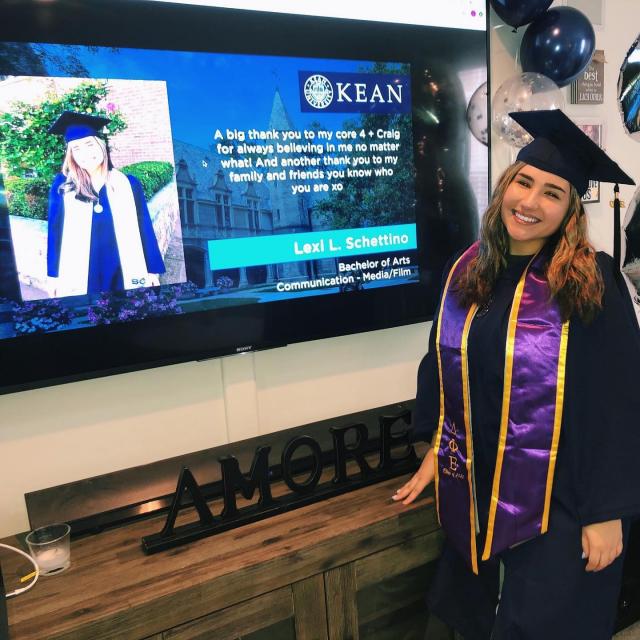 Kean grad 2020 with video screen