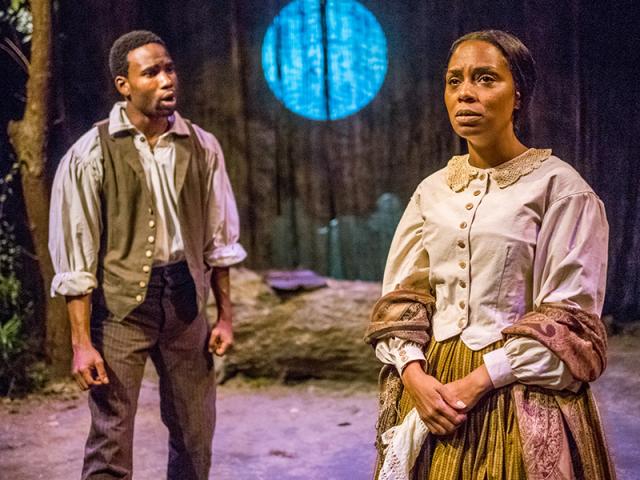 An African-American woman and man talk in a park in the mid-1800s