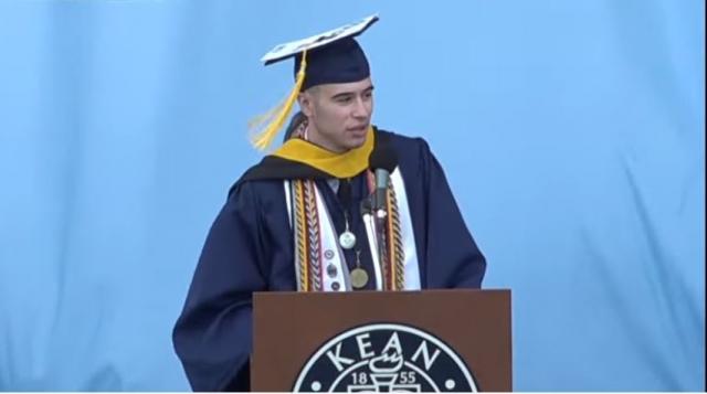 Photo of Kean University 2021 Class Valedictorian Mr. Jason Autunes addressing fellow classmates