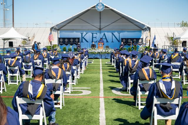 Kean President Lamont O. Repollet addresses 2021 graduates at Alumni Stadium.