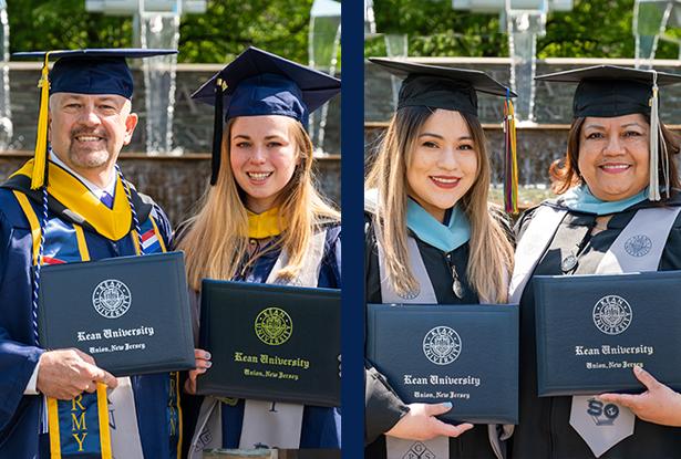 Kean graduates Robert and Mary Knight and Priscilla and Frezia Valenzuela in side-by-side photos.