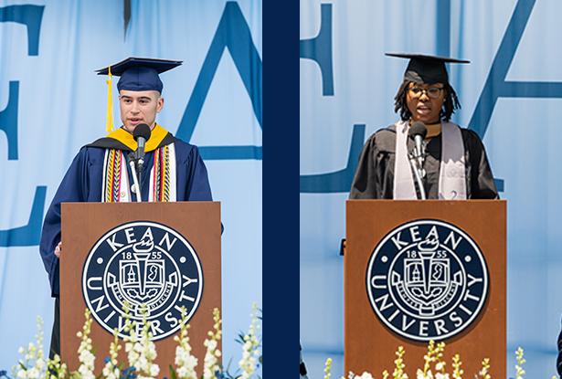 Kean 2021 Valedictorian Jason Antunes and Grad Student with Distinction Jeminat Musa in separate photos giving their commencement addresses.