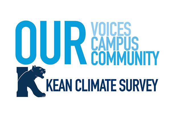 A log with text in two shades of blue reading, Our Voices, Campus, Community Kean Climate Survey