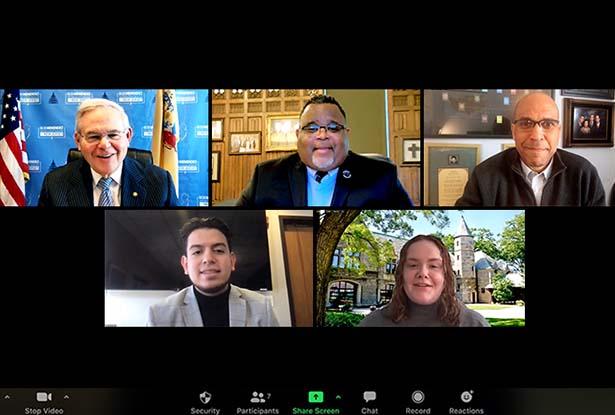 Sen. Menendez, Pres. Repollet, Sen. Booker, and Kean students Jason Pleitez and Delia Latini on a Zoom computer screen.