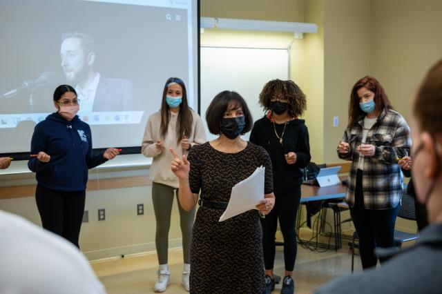 Sandra Bodin-Lerner leads students through an exercise in Listening class