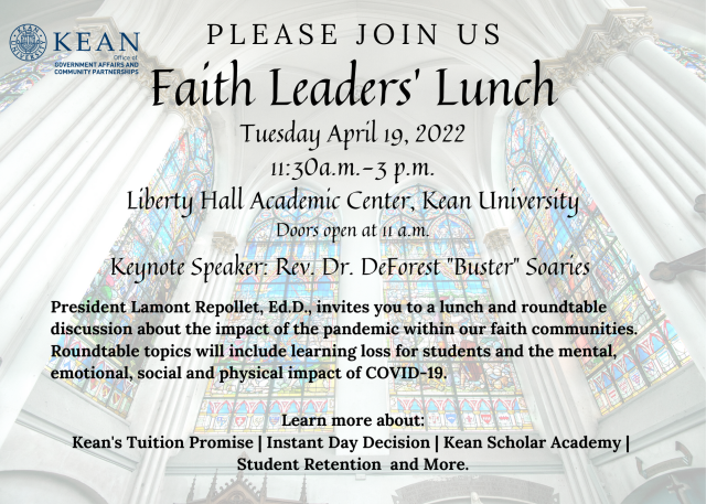 Invitation to Faith Leaders Lunch on April 19, 2022 at Liberty Hall Academic Center at 11:30 a.m.