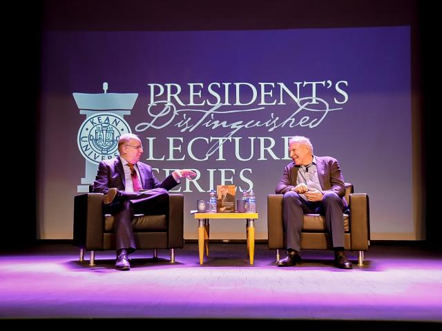 Former NJ Senator Raymond Lesniak, (r), talks with Elizabeth Mayor Christian Bollwage, (l), during Lesniak's Distinguished Lecture